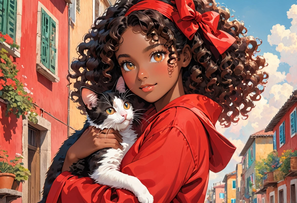 A young black-skinned woman with curly hair with eyes in a red outfit holding a cat in her arms