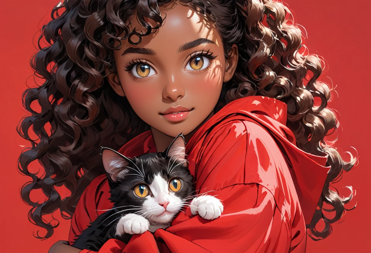 A young black-skinned woman with curly hair with eyes in a red outfit holding a cat in her arms