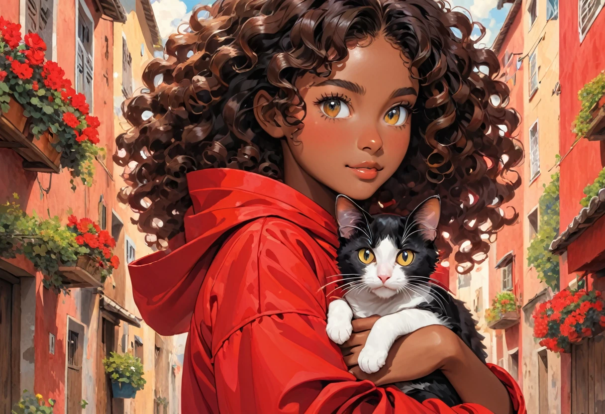 A young black-skinned woman with curly hair with eyes in a red outfit holding a cat in her arms