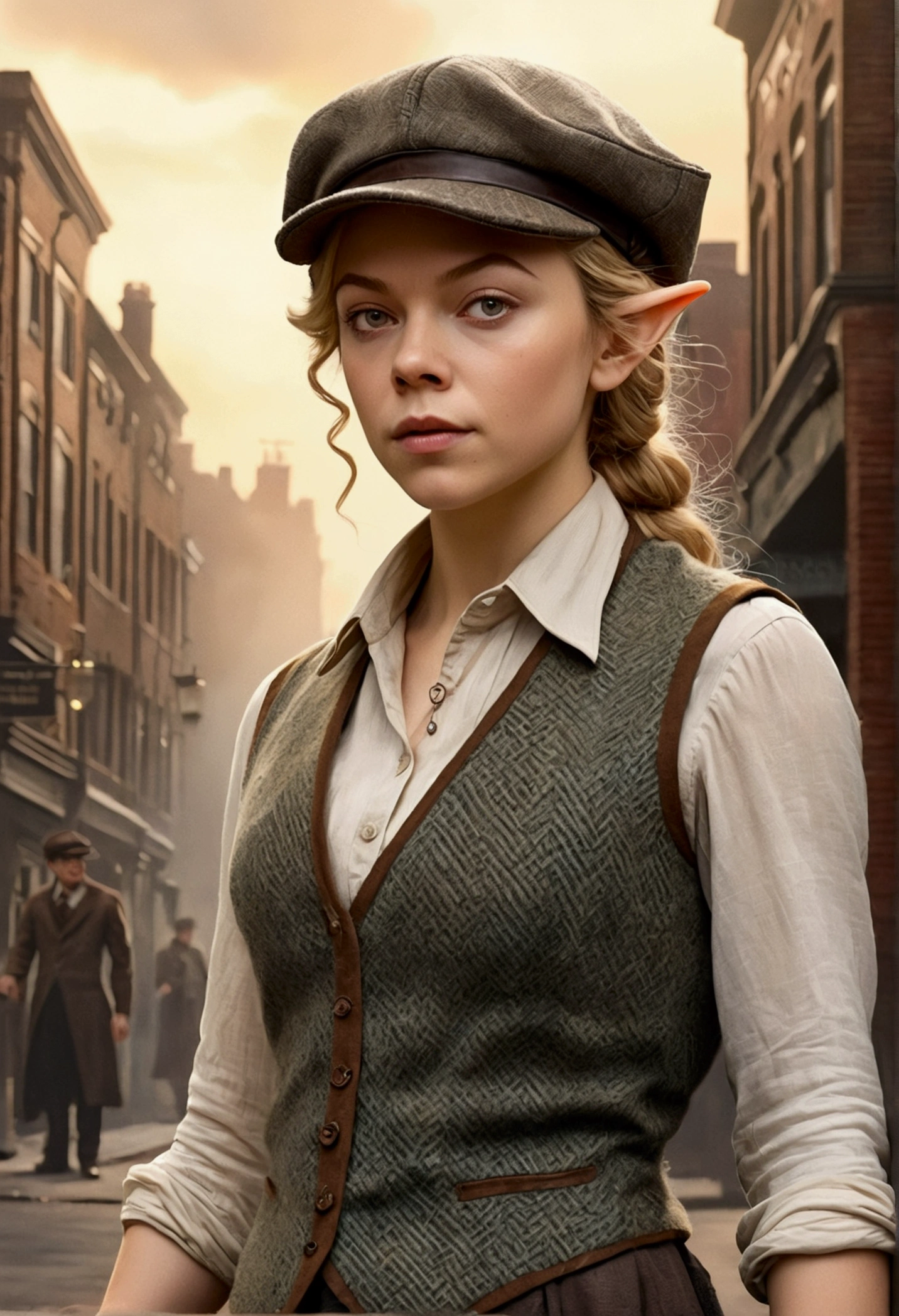 An illustrated movie poster, hand-drawn, full color, an elven maiden, wearing a tweed vest and a newsie cap, tall, toned, amazonian stature, athletic hourglass figure, long pointy elf ears, blonde hair, shaggy bob cut, deep sun-tanned skintone, freckles, resembles Natalie Dormer, standing on a foggy Victorian-era street corner, graphite shading, stencil marks, airbrushed acrylic paint, masterpiece, in the style of Sherlock Holmes, elf ears
