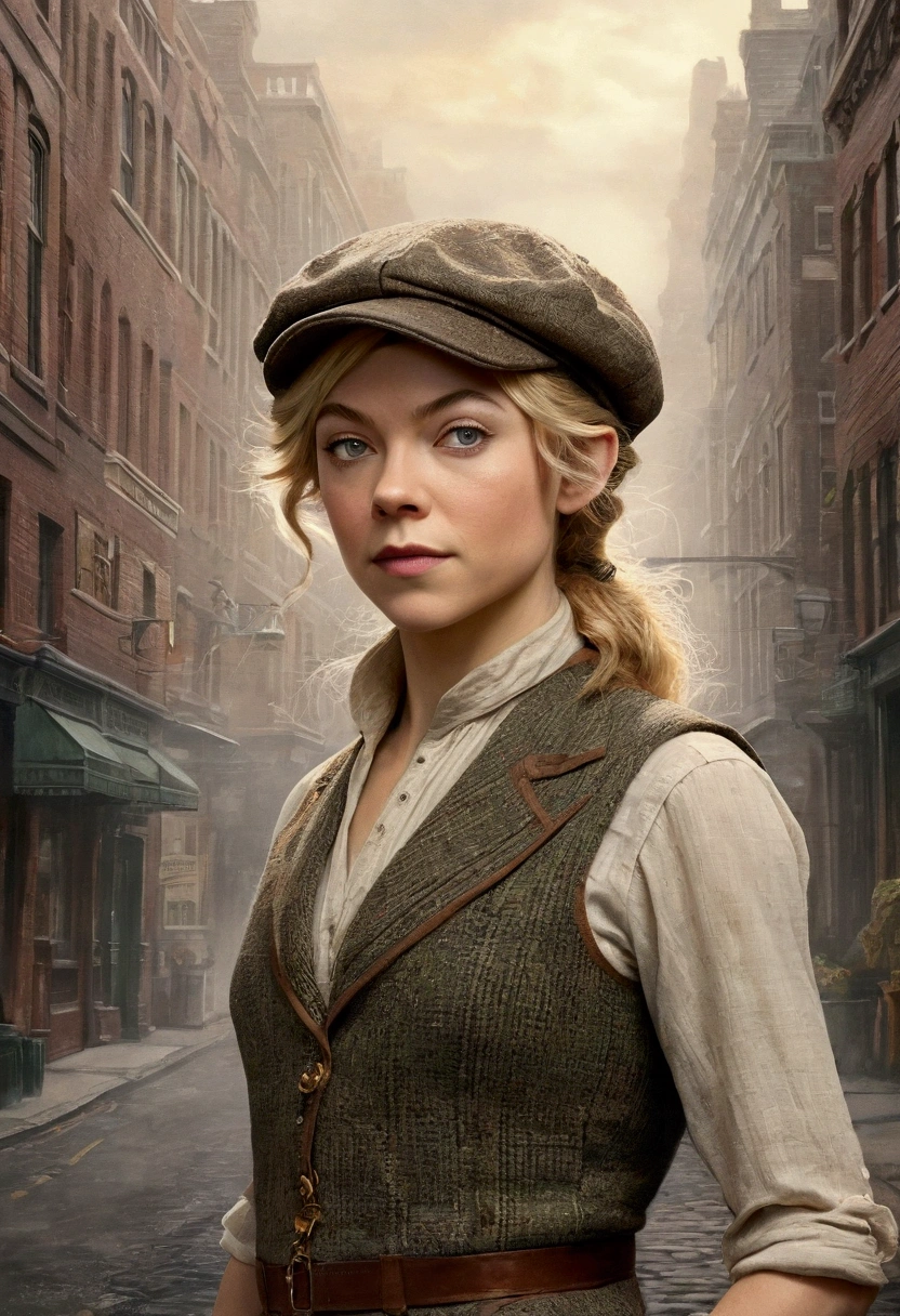 An illustrated movie poster, hand-drawn, full color, an elven maiden, wearing a tweed vest and a newsie cap, tall, toned, amazonian stature, athletic hourglass figure, long pointy elf ears, blonde hair, shaggy bob cut, deep sun-tanned skintone, freckles, resembles Natalie Dormer, standing on a foggy Victorian-era street corner, graphite shading, stencil marks, airbrushed acrylic paint, masterpiece, in the style of Sherlock Holmes, elf ears