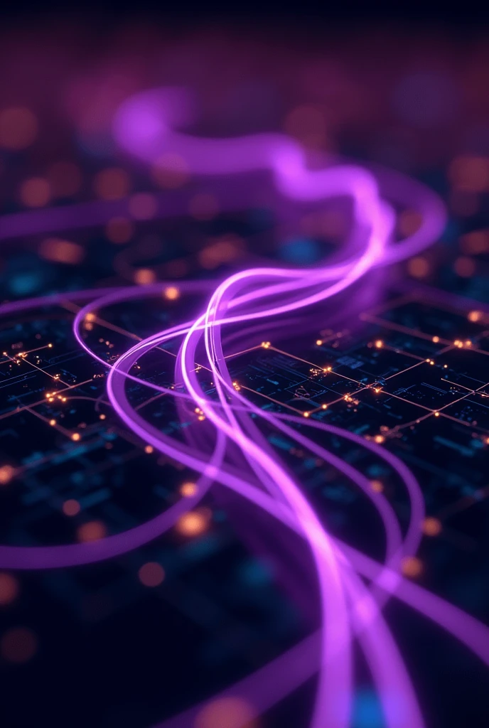 Creates an image that resembles a connection between fiber optic internet cables and has purple colors, black background and be very modern. I want very little gold and blue. Make it as if it were a fiber optic path in the middle of the space, something that looks really interesting on the hero of a web developer's website. Make everything elegant and modern, with a discreet style . I want more than one thread, with an artistic arrangement of threads