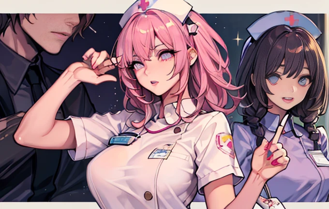 beautiful woman, sparkling eyes, false eyelashes, pink lips, big and full breasts, two arms, Thumb and four fingers, Anatomically correct fingers, Detailed description, hospital, nurse