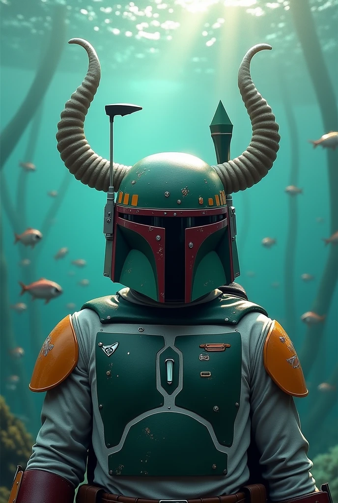 Vaquita Marina With Boba Fett helmet and horns on oceanic background