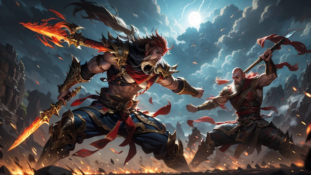 "Create a dynamic battle scene between Sun Wukong, the legendary Monkey King from Black Myth: Wukong, and Kratos, the Ghost of Sparta from God of War. The environment is a mystical battlefield set amidst towering mountains with dark storm clouds swirling above. Sun Wukong, wielding his golden staff, is agile and swift, mid-leap, preparing to strike with fiery determination in his eyes. Kratos, with his signature Blades of Chaos, stands firm, muscles tensed, his expression fierce, ready to counter the attack. The clash of their weapons sends shockwaves, creating sparks and debris flying around. The atmosphere is intense, with lightning flashing in the background, highlighting the sheer power and energy of this epic confrontation."