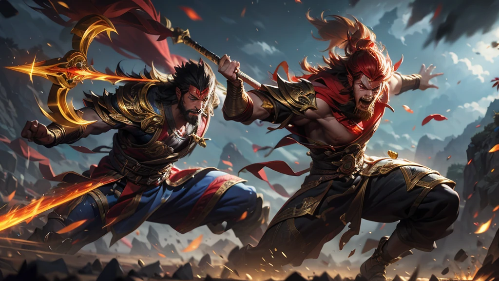 "Create a dynamic battle scene between Sun Wukong, the legendary Monkey King from Black Myth: Wukong, and Kratos, the Ghost of Sparta from God of War. The environment is a mystical battlefield set amidst towering mountains with dark storm clouds swirling above. Sun Wukong, wielding his golden staff, is agile and swift, mid-leap, preparing to strike with fiery determination in his eyes. Kratos, with his signature Blades of Chaos, stands firm, muscles tensed, his expression fierce, ready to counter the attack. The clash of their weapons sends shockwaves, creating sparks and debris flying around. The atmosphere is intense, with lightning flashing in the background, highlighting the sheer power and energy of this epic confrontation."