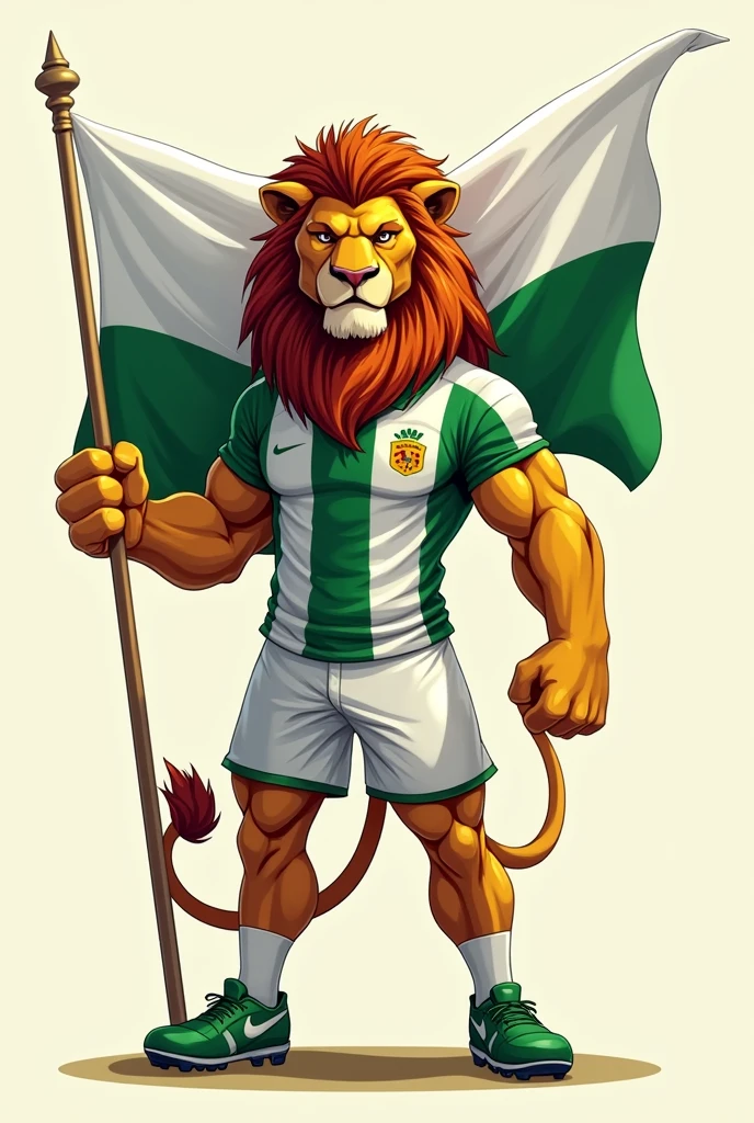 Lion in soccer sportswear holding a white and green flag without a shield