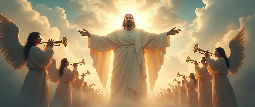 a giant man in the clouds symbolizing god with angels playing trumpets around him