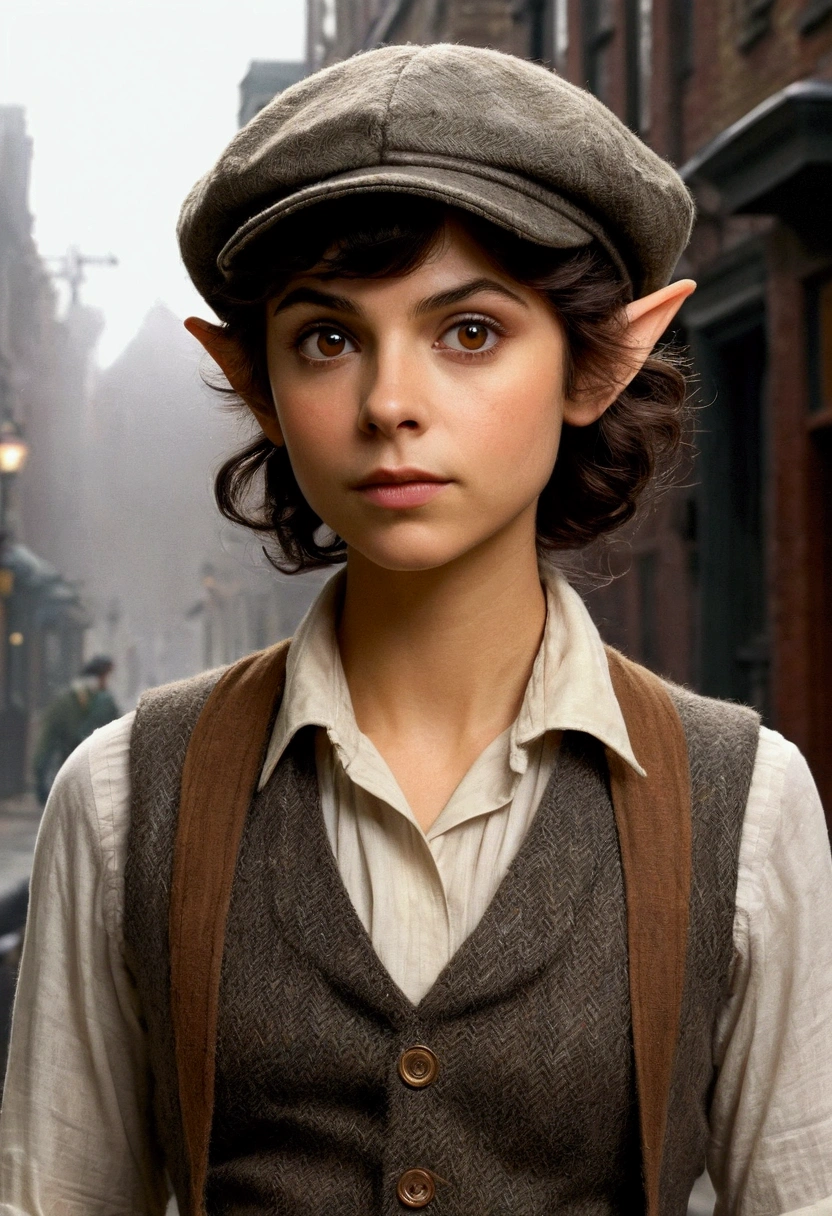 An illustrated movie poster, hand-drawn, full color, a teenage elven girl, wearing a tweed vest and a newsie cap, athletic hourglass figure, long pointy elf ears, amber eyes, dark hair, messy shaggy bob cut, deep sun-tanned skintone, resembles Morena Baccarin, standing on a foggy victorian-era street corner, graphite shading, stencil marks, airbrushed acrylic paint, masterpiece, in the style of the Sherlock Holmes, elf ears