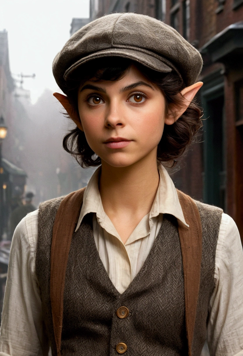 An illustrated movie poster, hand-drawn, full color, a teenage elven girl, wearing a tweed vest and a newsie cap, athletic hourglass figure, long pointy elf ears, amber eyes, dark hair, messy shaggy bob cut, deep sun-tanned skintone, resembles Morena Baccarin, standing on a foggy victorian-era street corner, graphite shading, stencil marks, airbrushed acrylic paint, masterpiece, in the style of the Sherlock Holmes, elf ears