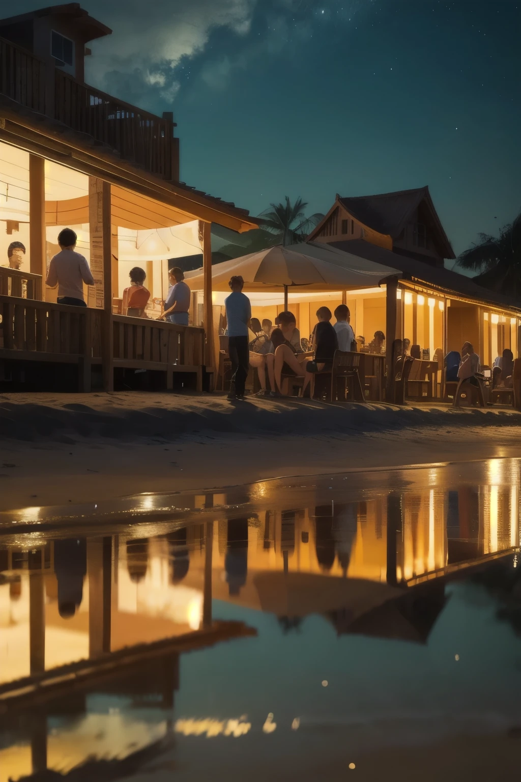 group of boys and girls near beach on a summer night,
