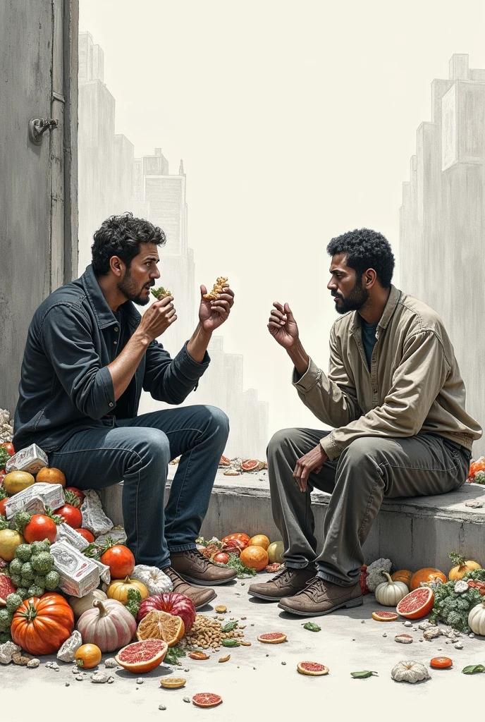 Easy-to-do drawing of a social critique of people who waste food while others go hungry