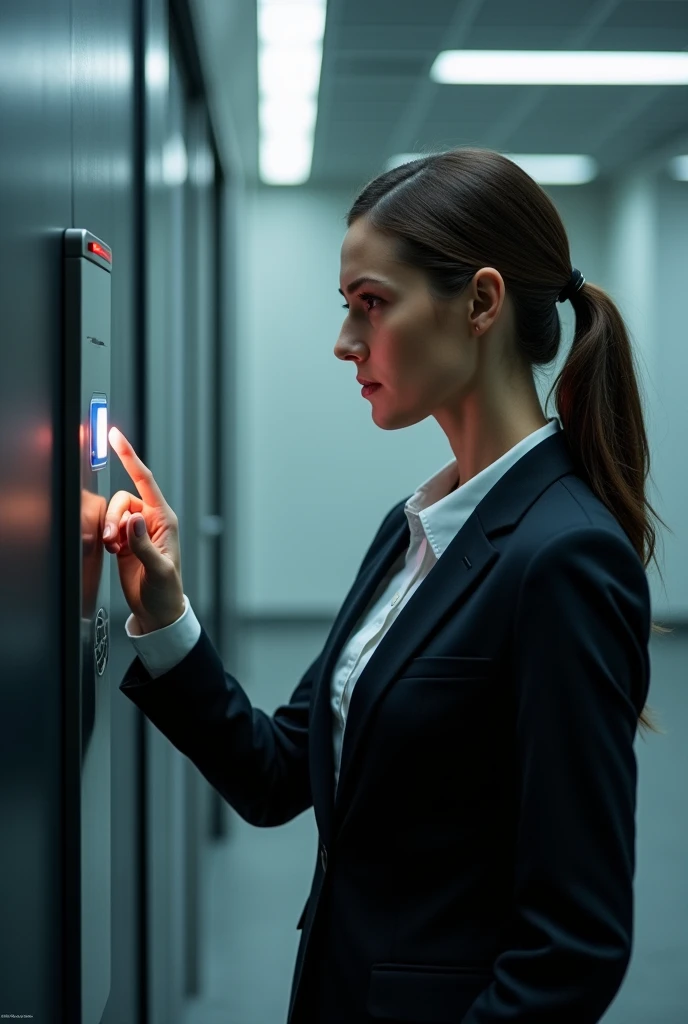 a woman putting her fingerprint to access a room