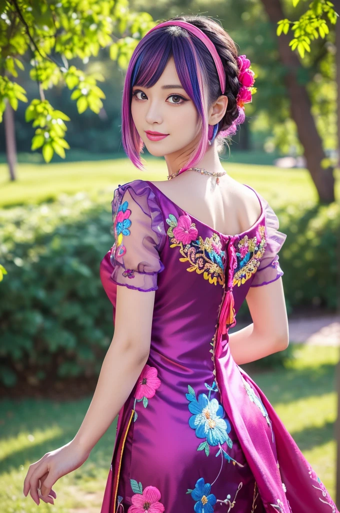 (masterpiece:1.4), (best quality:1.4), ultra high res, ultra high resolution, ((detailed facial features)), HDR, (realistic, photorealistic, photo-realistic:1.37), full body Esbian, sexy swedish model, (-anime), only 1 model, vivid colors, ((vivid colors multicolor (fuchsia, pink, light blue, purple) very short hair)), (seductive smile), lip-gloss, long lashes, defined eyebrows, wearing large sparkling colorful jewelery, wearing a red silk Paradise Kiss cosplay dress with black floral embroidery, ((vivid colors outfit)), vivid colors, look at the camera, cinematic light, large park background with trees, sweet and sexy pose