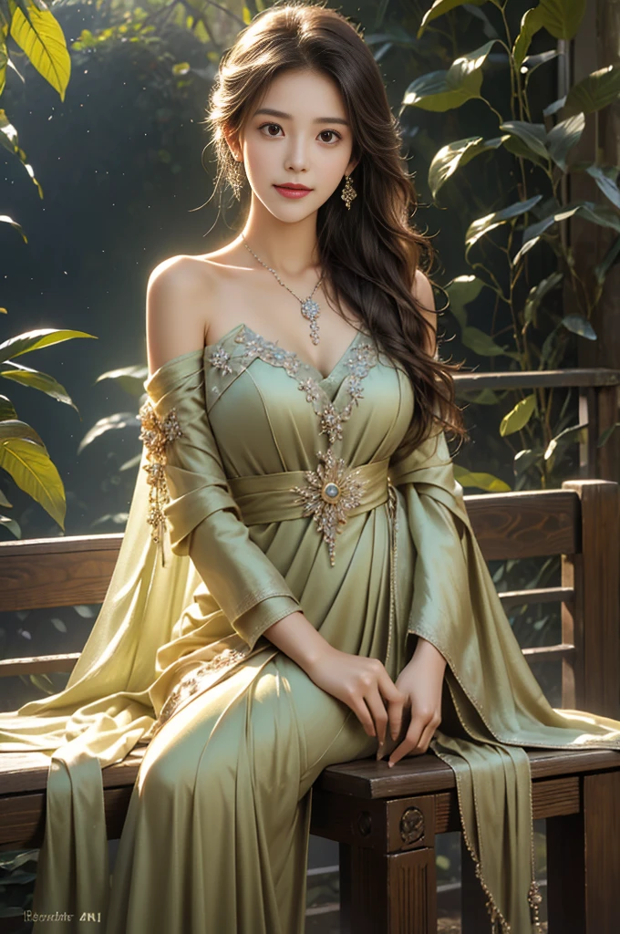 (best quality,4K,High resolution:1.2),Super detailed,actual, portrait,warm colors,golden hour lights,In the background is a traditional Javanese garden, bright colors, Lush green plants, peaceful waterfall, exotic flowers, Traditional music playing in the background, Dew drops on leaves, Exquisite carvings on the wooden bench, She has a calm expression on her face, Exquisite jewelry, Birdsong, a gentle breeze, The air is filled with the scent of jasmine.