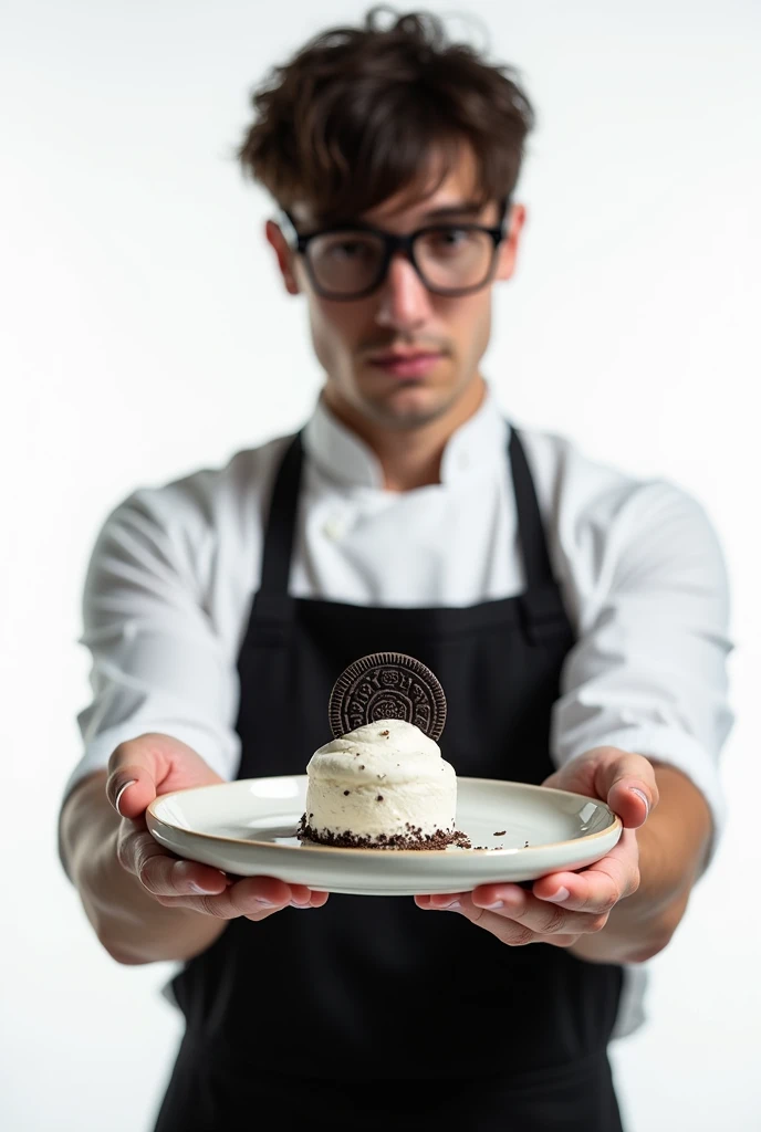 Oreo cream on a plate held by a man with a black apron and anime glasses White background