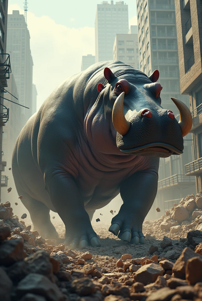 muscular giant hippopotamus, destroying city, large tusks, 4k, realistic, intricate details, cinematic lighting, dramatic composition, highly detailed, photorealistic, volumetric fog, depth of field, dynamic pose, impressive scale, powerful presence, environmental destruction, urban landscape, architectural elements, cinematic atmosphere, vivid colors, dramatic shadows, impactful