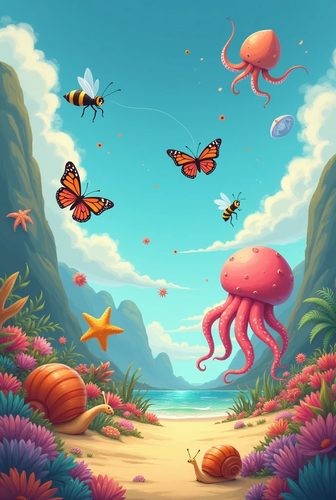 spider, Ant, mariposa, octopus, snail, mariposa, bee, starfish, medusa. All separately, Cartoon, bottomless
