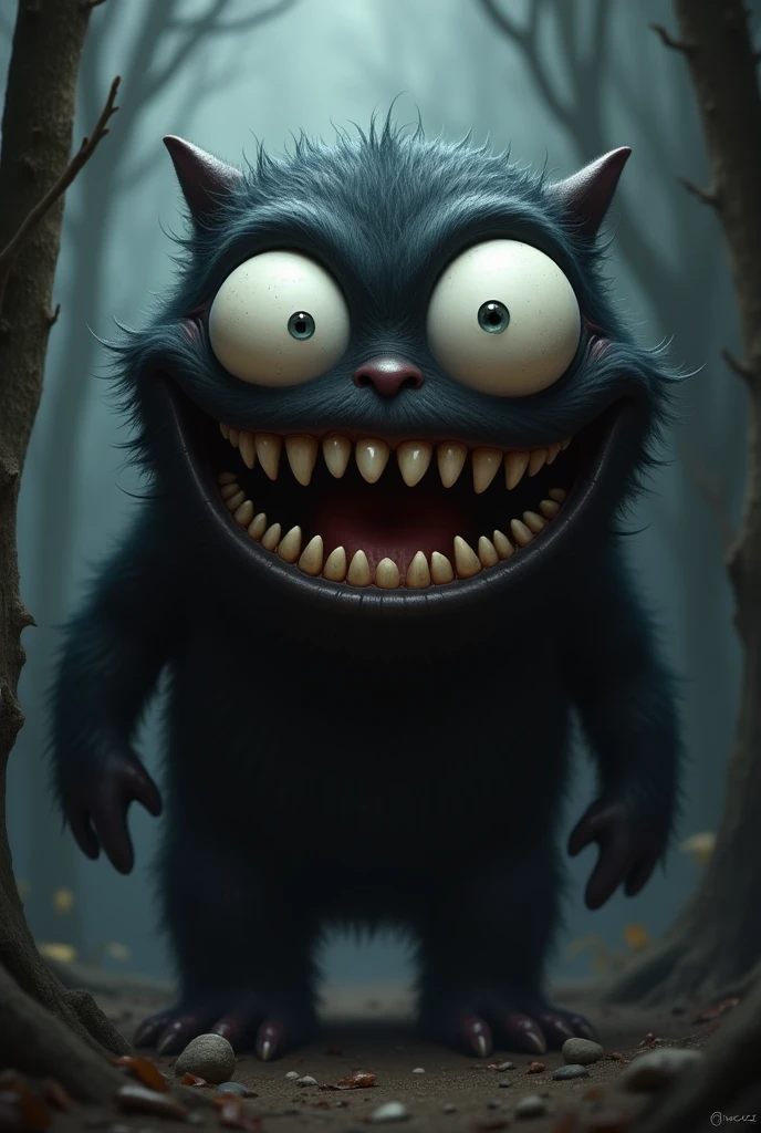make me a black creature with a giant smile and completely white, wide-open cartoon-style eyes