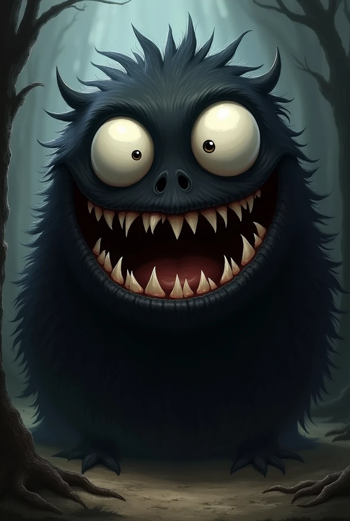 make me a black creature with a giant smile and completely white, wide-open cartoon-style eyes