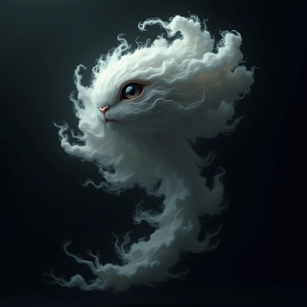 hyper realistic, fantasy, mythical grey wind tornado elemental creature with only one eye looking like cloud, floating in the air, black background