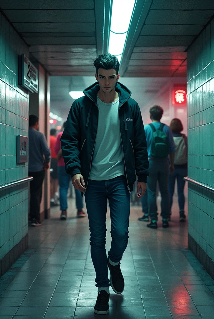 White man exiting a subway in first person view with jujutsu kaizen art