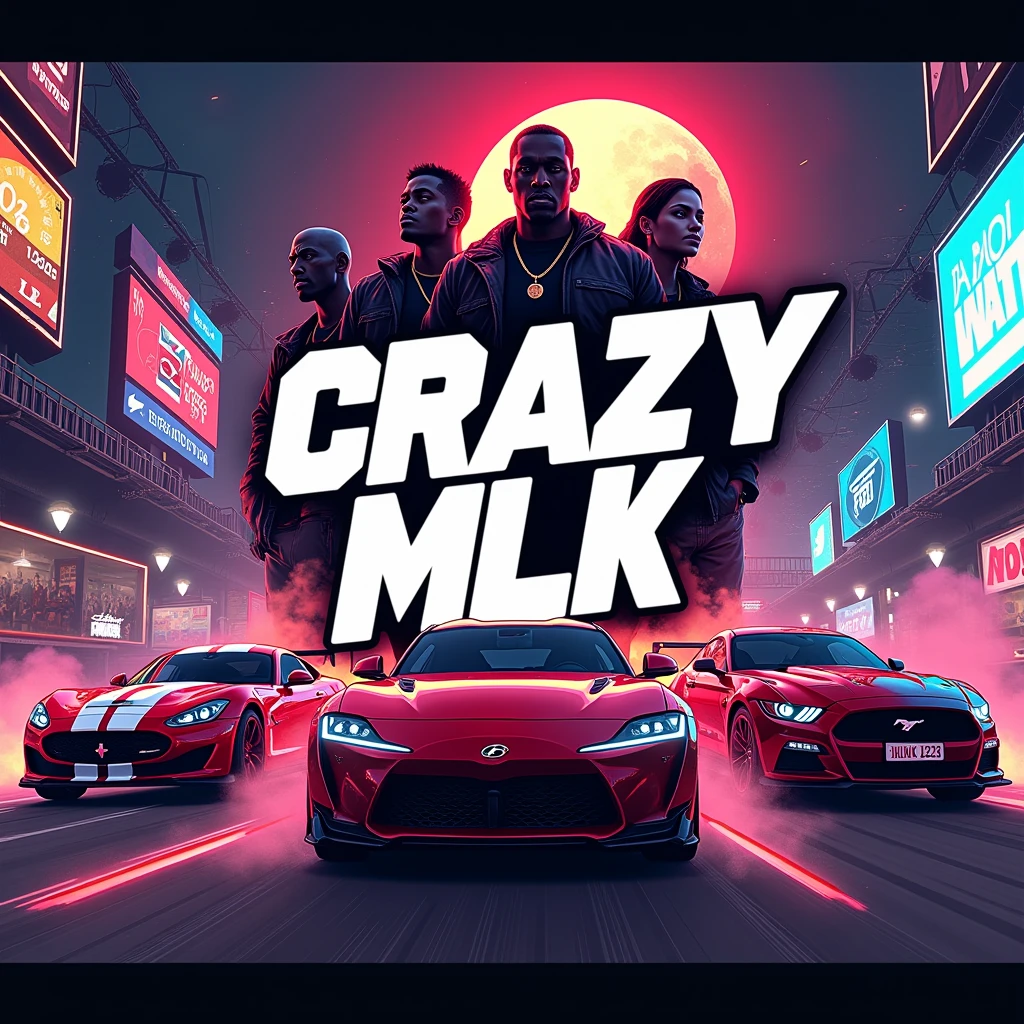 banner with the name crazy mlk highlighted and in the background gta 5 style cars mixed with midnight club 3 and real life betting on a race


