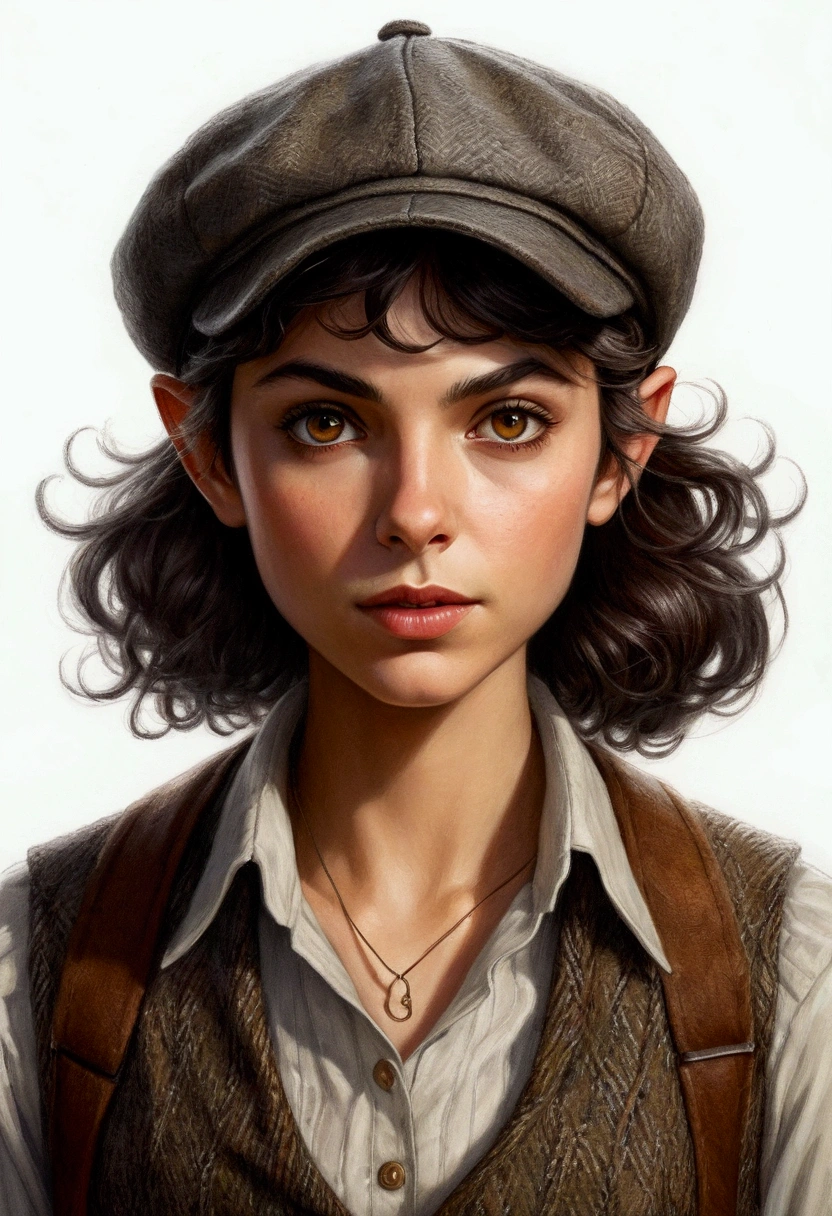 An illustrated movie poster, hand-drawn, full color, a teenage elven girl, wearing a tweed vest and a newsie cap, athletic hourglass figure, long pointy elf ears, amber eyes, dark hair, messy shaggy bob cut, deep sun-tanned skintone, resembles Morena Baccarin, standing on a foggy victorian-era street corner, graphite shading, stencil marks, airbrushed acrylic paint, masterpiece, in the style of the Sherlock Holmes, elf ears