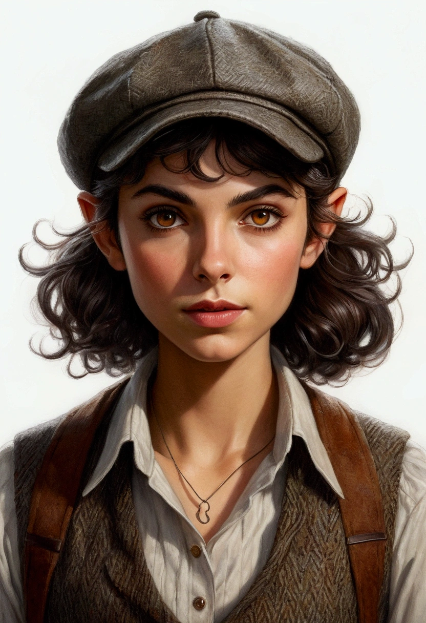An illustrated movie poster, hand-drawn, full color, a teenage elven girl, wearing a tweed vest and a newsie cap, athletic hourglass figure, long pointy elf ears, amber eyes, dark hair, messy shaggy bob cut, deep sun-tanned skintone, resembles Morena Baccarin, standing on a foggy victorian-era street corner, graphite shading, stencil marks, airbrushed acrylic paint, masterpiece, in the style of the Sherlock Holmes, elf ears