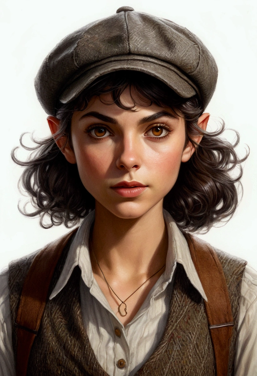 An illustrated movie poster, hand-drawn, full color, a age elven girl, wearing a tweed vest and a newsie cap, athletic hourglass figure, long pointy elf ears, amber eyes, dark hair, messy shaggy bob cut, deep sun-tanned skintone, resembles Morena Baccarin, standing on a foggy victorian-era street corner, graphite shading, stencil marks, airbrushed acrylic paint, masterpiece, in the style of the Sherlock Holmes, elf ears