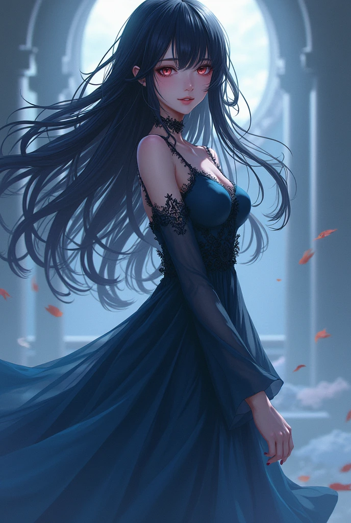 A anime girl who has a long flowing dress with drak hair