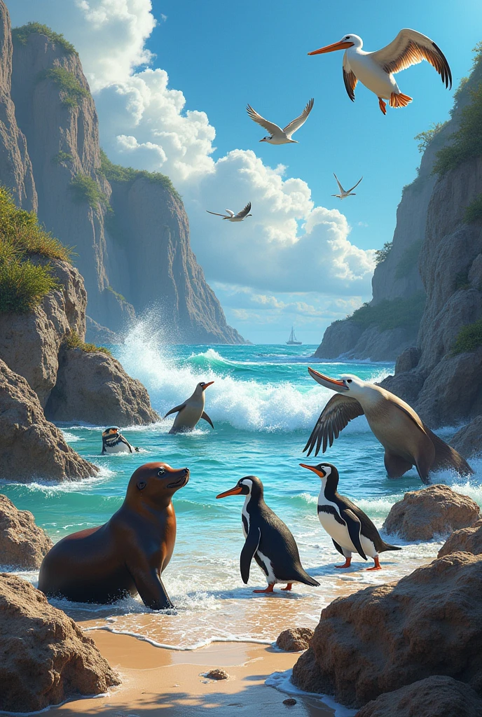 sea lions, pelican, penguin and guano birds