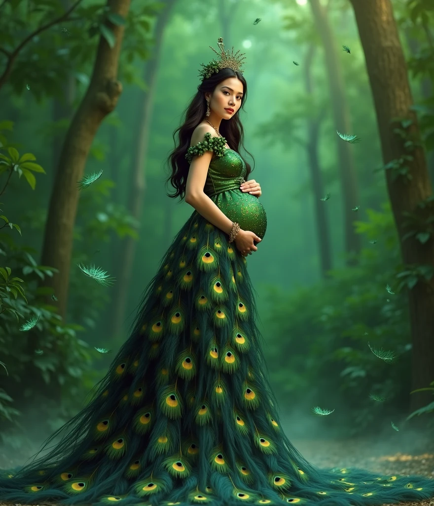pregnant woman in peacock dress posing for a picture in a green background, a picture inspired by Ju Lian, trending on cg society, art photography, maternal photography 4 k, full body photoshoot, full body portrait shot, pregnant belly, full body pose, full body photograph, in green forest, green feathers, nature goddess, full body portrait posing, fantasy photoshoot