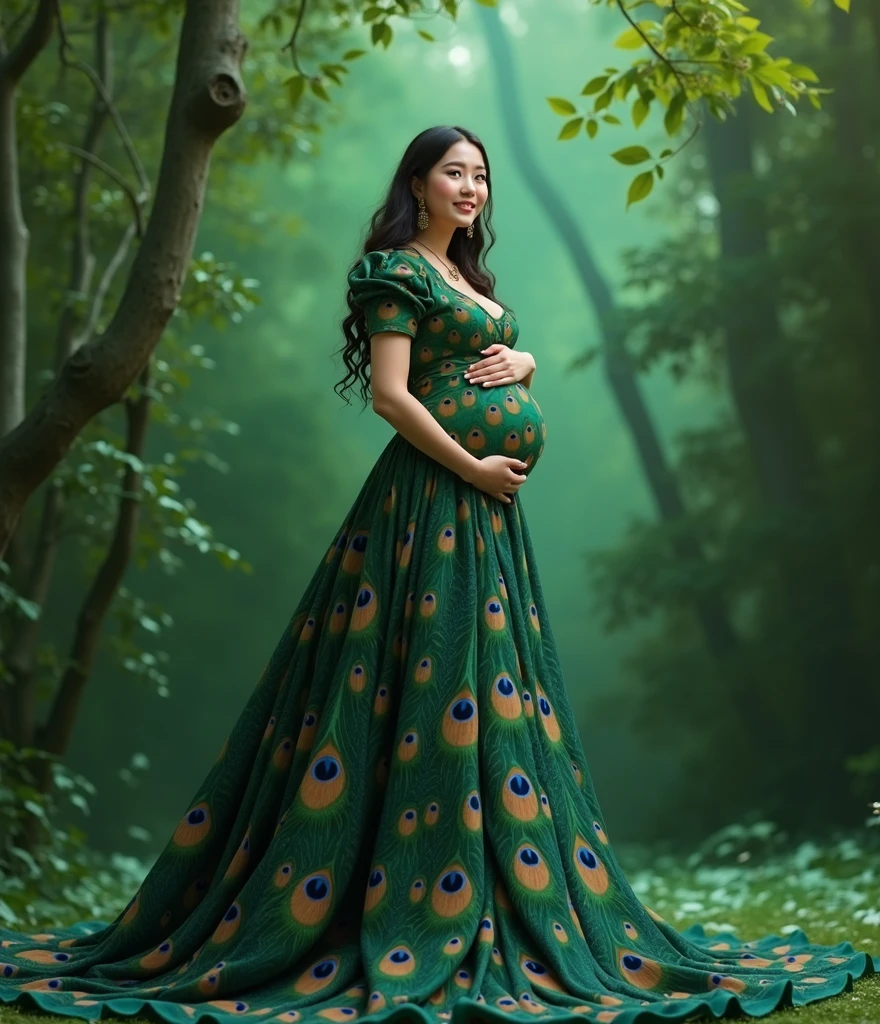 pregnant woman in peacock dress posing for a picture in a green background, a picture inspired by Ju Lian, trending on cg society, art photography, maternal photography 4 k, full body photoshoot, full body portrait shot, pregnant belly, full body pose, full body photograph, in green forest, green feathers, nature goddess, full body portrait posing, fantasy photoshoot