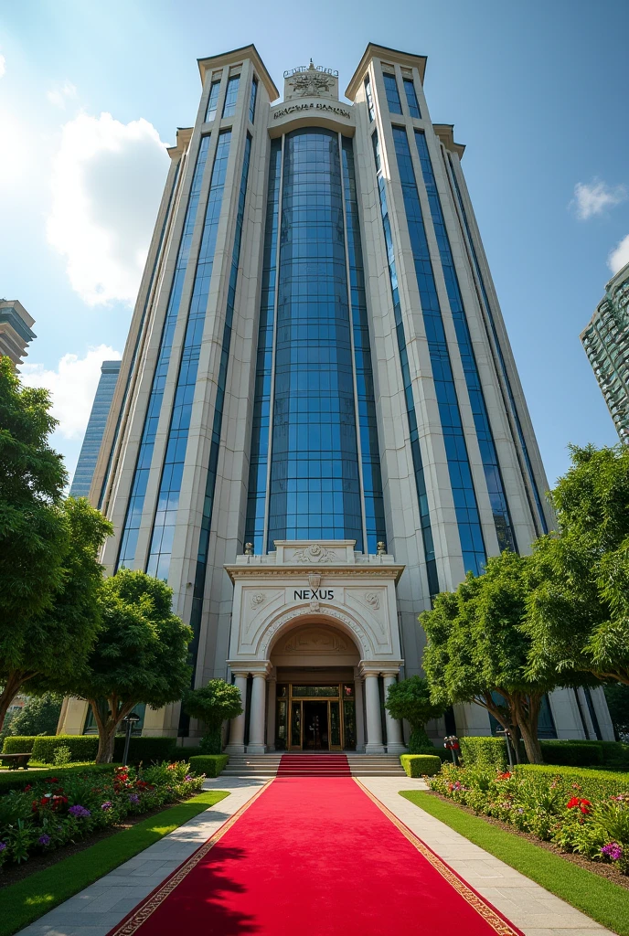 A luxurious, presidential standard company headquarters with the name NEXUS on it and red carpet on entrance with Singaporean architecture,grass, flowers and on it's own space where is the name NEXUS