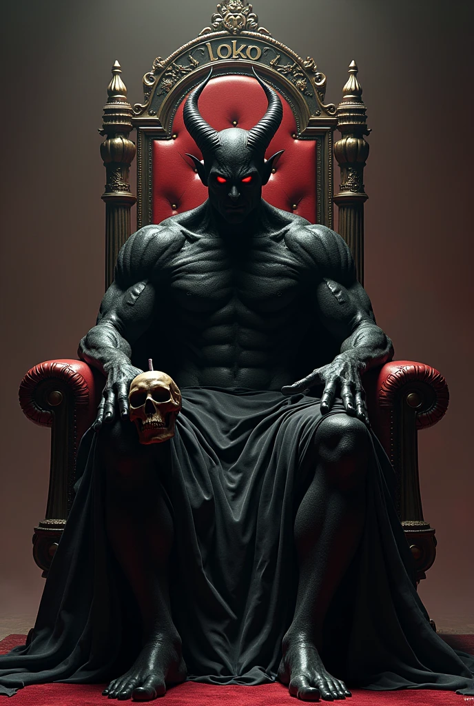 (photorealism:1.2), beautiful Imagine a black demon with red eyes in 3D with a serene face but a challenging look, strong and slender body staring straight ahead, while holding a skull in his left hand and with his right hand he holds his menthol. His throne is majestic and impeccable and has the word LOKO engraved on the top.