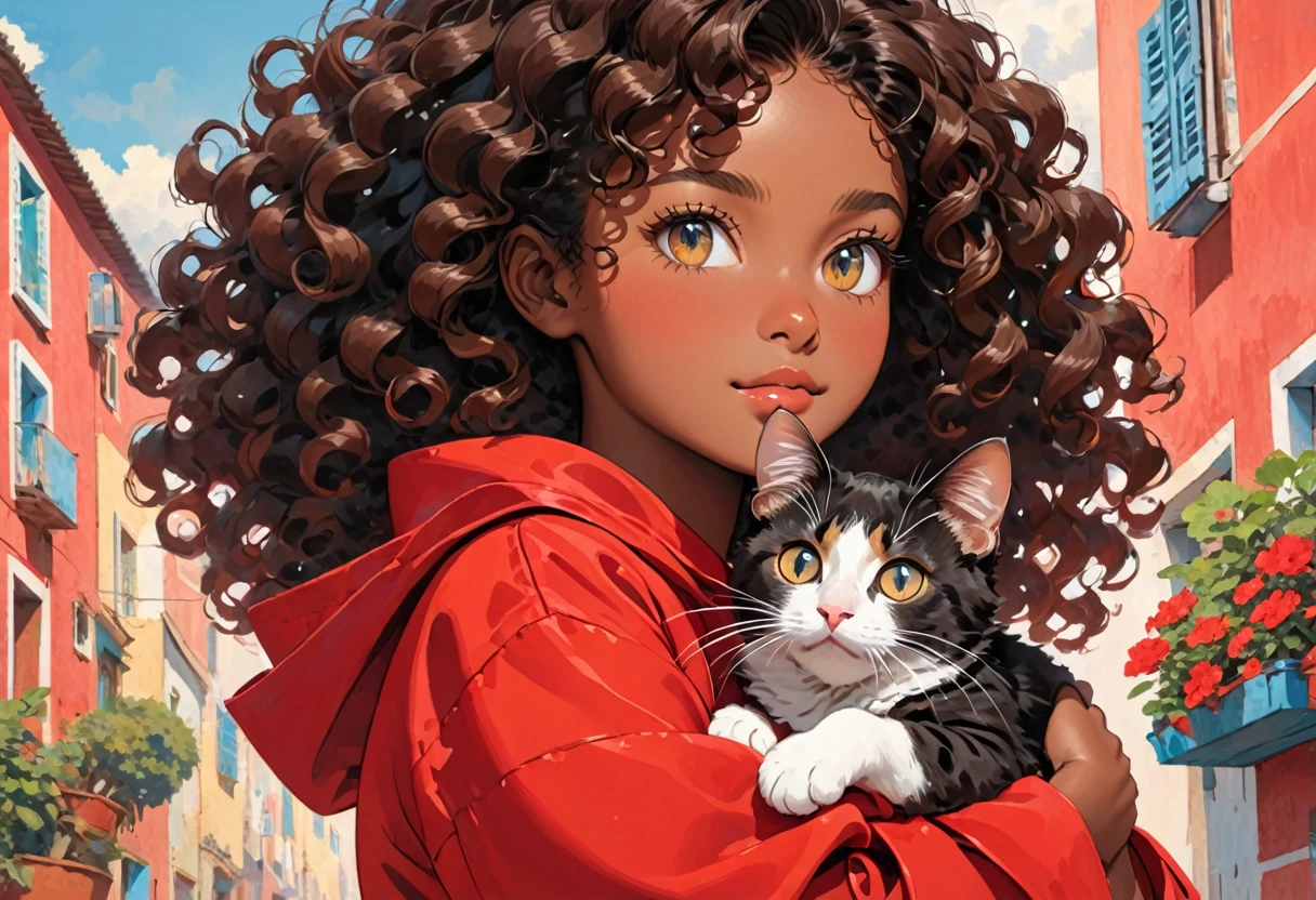 A young black-skinned woman with curly hair with eyes in a red outfit holding a cat in her arms