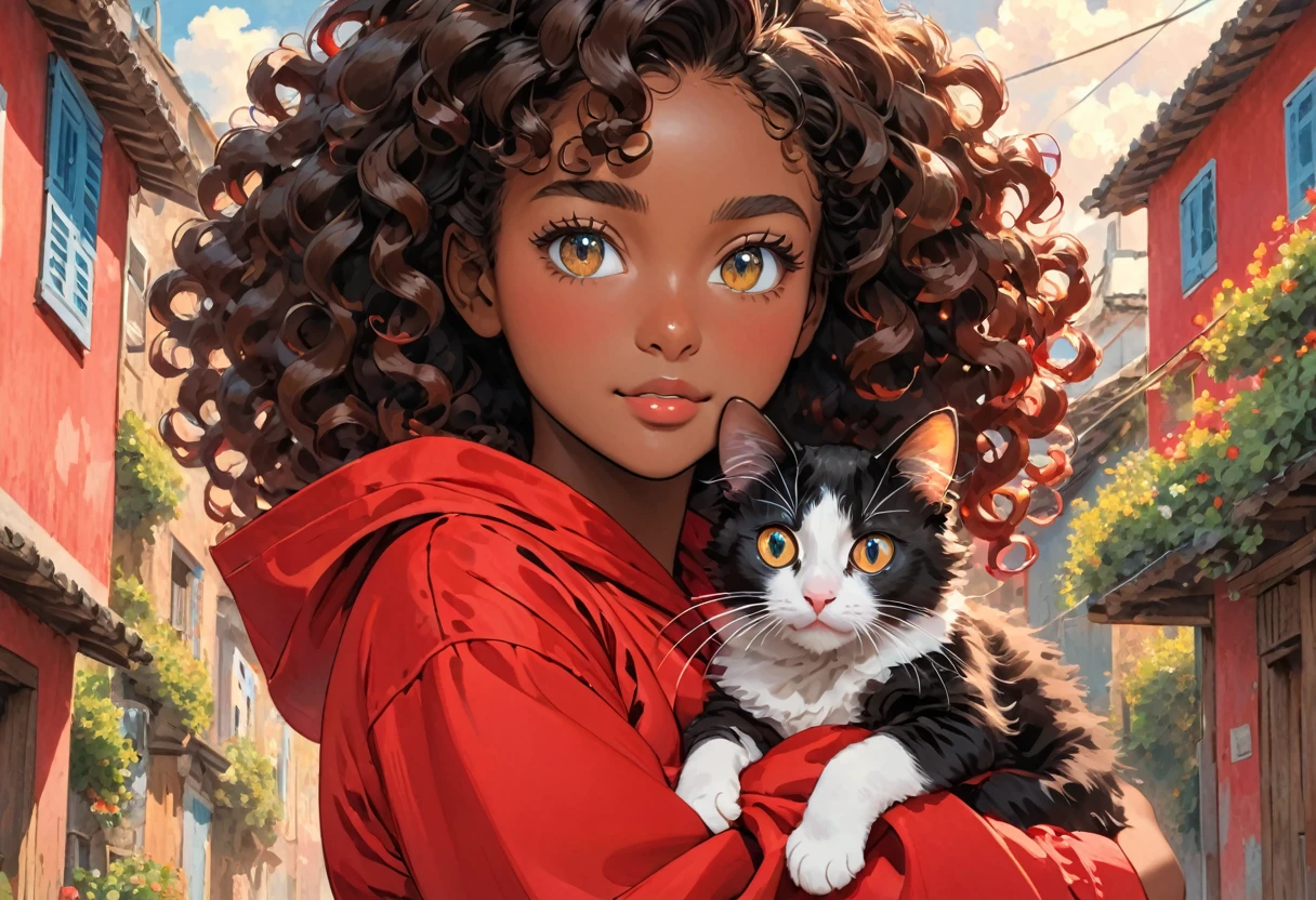 A young black-skinned woman with curly hair with eyes in a red outfit holding a cat in her arms