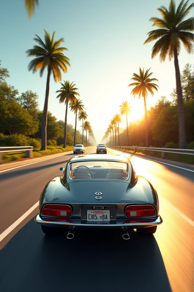 A back shot of a car driving on a highway, there are palm trees on the left side, other cars can also be seen on the highway, it's a sunny day.