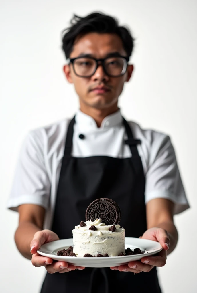 Oreo cream on a plate held by a man with a black apron and anime glasses White background