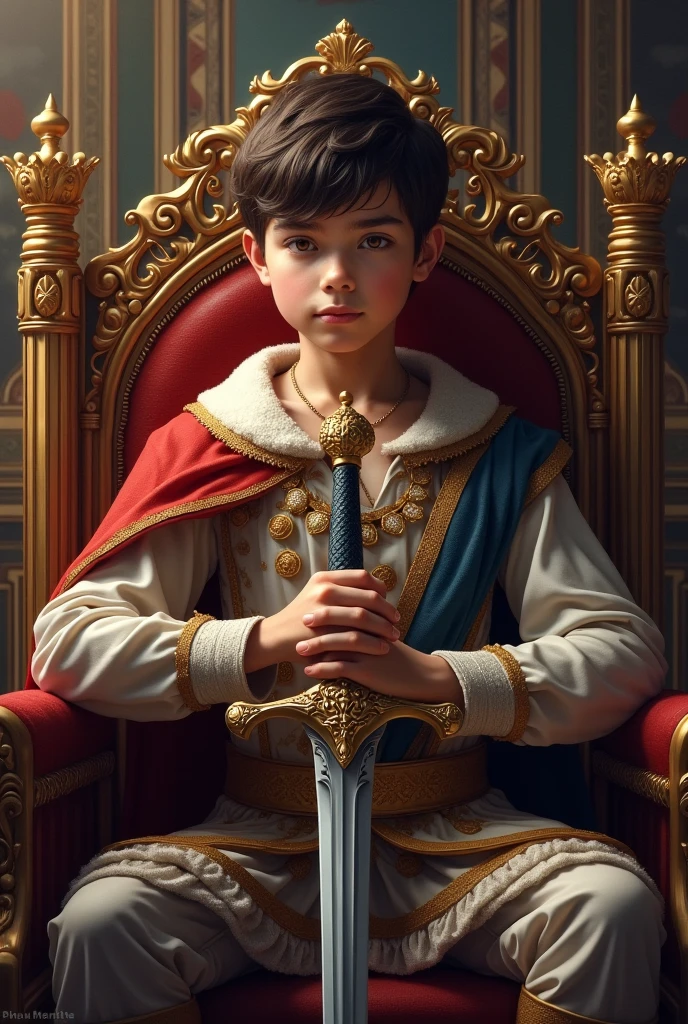 Young prince with sword on throne
