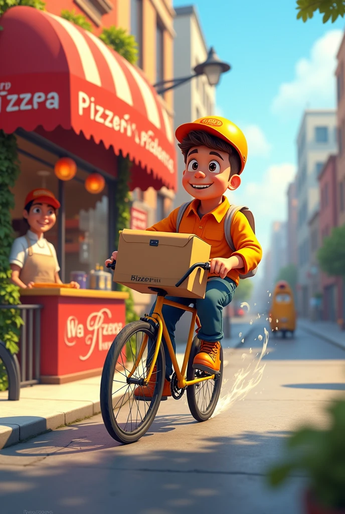 Animated image about a delivery man with his bicycle and a waiter working in a pizzeria