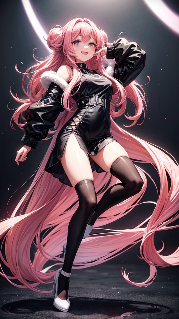 Happy girl, with long pink hair down to the waist, black dress, white socks and black heels, "anime"