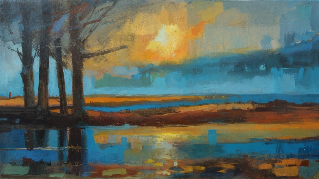 painting of a painting of a sunset over a lake with trees, luminescent oil painting, oil painting of enamel, paisagem de teal, smooth oil painting, ntricate oil painting, Landscape oil painting, Paisagem abstrata, inspirado em Roelof van Vries, inspirado em Eglon van der Neer, Oil paint tint, alla prima oil painting