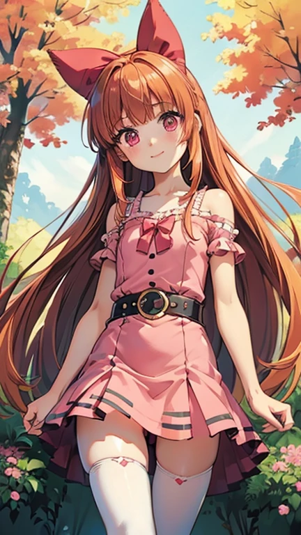 (1girl, solo, highly insanely detailed, masterpiece, top quality, best quality, highres, 4k, 8k, RAW photo),((innocent look)),((Childish)),From the front, symmetrical composition,smile,cute,Innocent,Kind eyes,Flat chest,Hairless vagina, Cameltoe,tr90style,forest, (blossom), (orange hair, long hair, blunt bangs, pink eyes)
(bow, dress, belt, thighhighs)