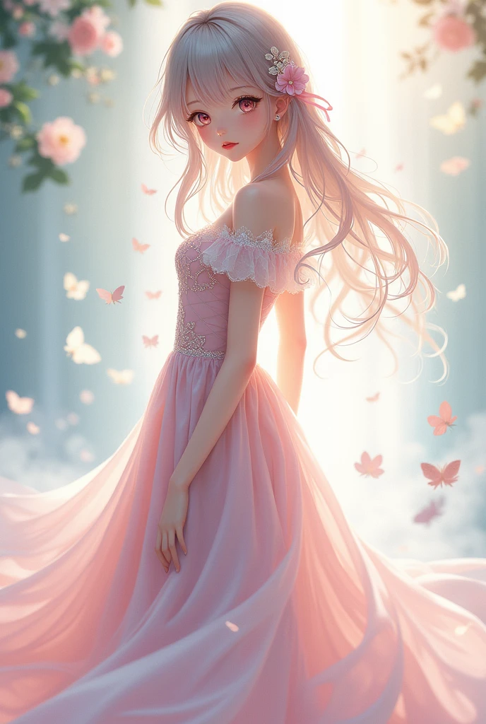 A anime girl who has a long flowing dress