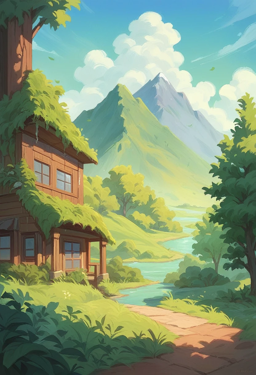 Close-up of a calm river, around it leafy trees and bushes, In the distance you can see a country house and a mountain in Latin America, oil painting