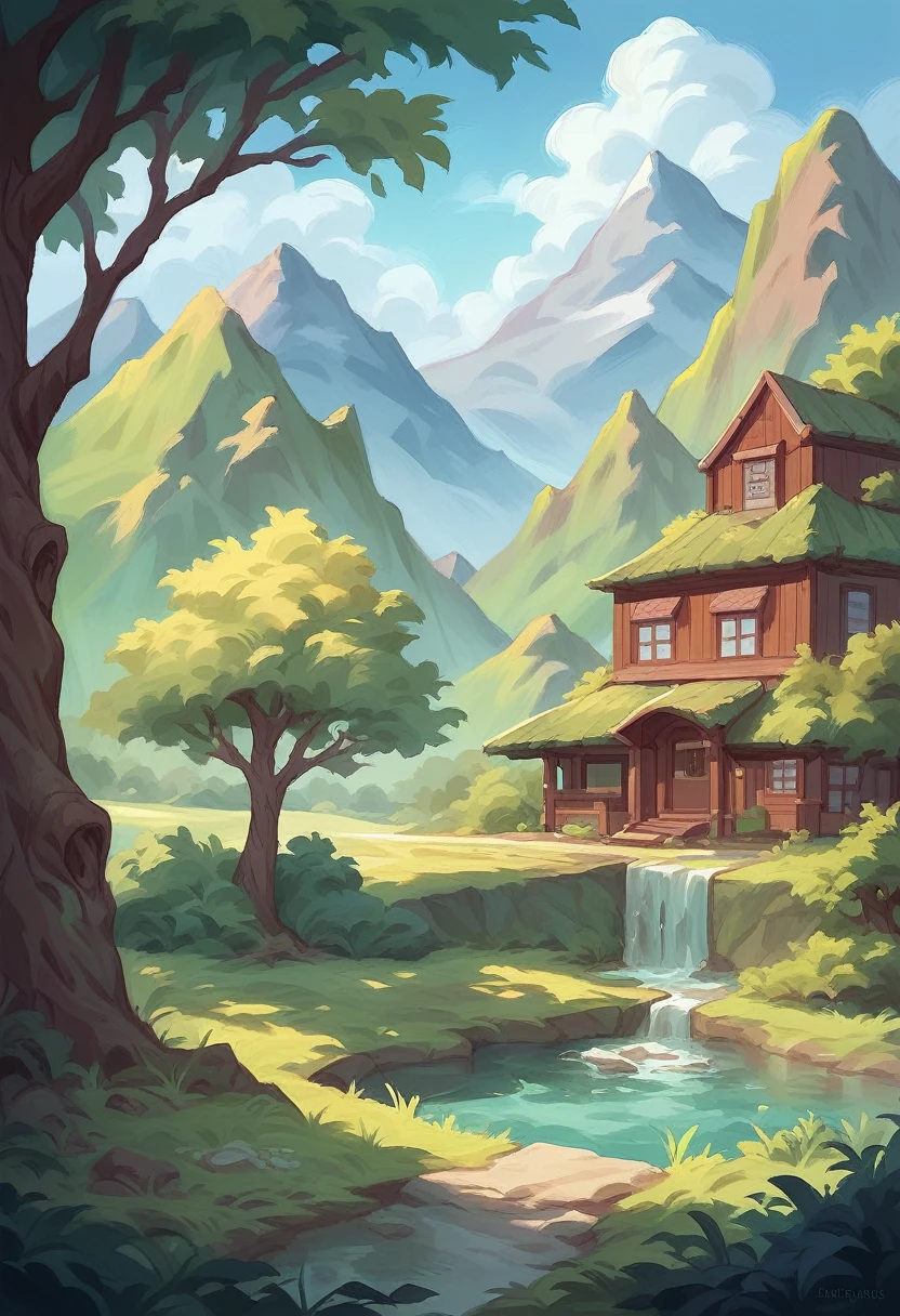 Close-up of a calm river, around it leafy trees and bushes, In the distance you can see a country house and a mountain in Latin America, oil painting