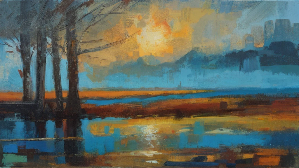 painting of a painting of a sunset over a lake with trees, luminescent oil painting, oil painting of enamel, paisagem de teal, smooth oil painting, ntricate oil painting, Landscape oil painting, Paisagem abstrata, inspirado em Roelof van Vries, inspirado em Eglon van der Neer, Oil paint tint, alla prima oil painting