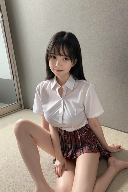 8k, RAW Photos, Highest quality, masterpiece:1.2), masterpiece, Highest quality, shape, Very detailed, The finer details, High resolution, 8k,wallpaper, Perfect dynamic composition,(High quality with attention to detail, Realistic depiction of eyes:1.3)、Hands tied、A woman tied up、Put your arms around my back, Tie your hands behind your back, Sitting with my feet together on the floor of a bright gym、Stand in front of each other with knees bent、with legs wide open,、Tartan Check Pleated Skirt、whole body、White panties are visible、The whole thing faces forward、21talent、beauty、Well-formed face、Even out the eyes、Beautiful black hair、Bangedium Build、Balanced proportions、Beautiful feet、Short sleeve blouse、Fresh face、Beautiful views、smile、Big Tits 1.4